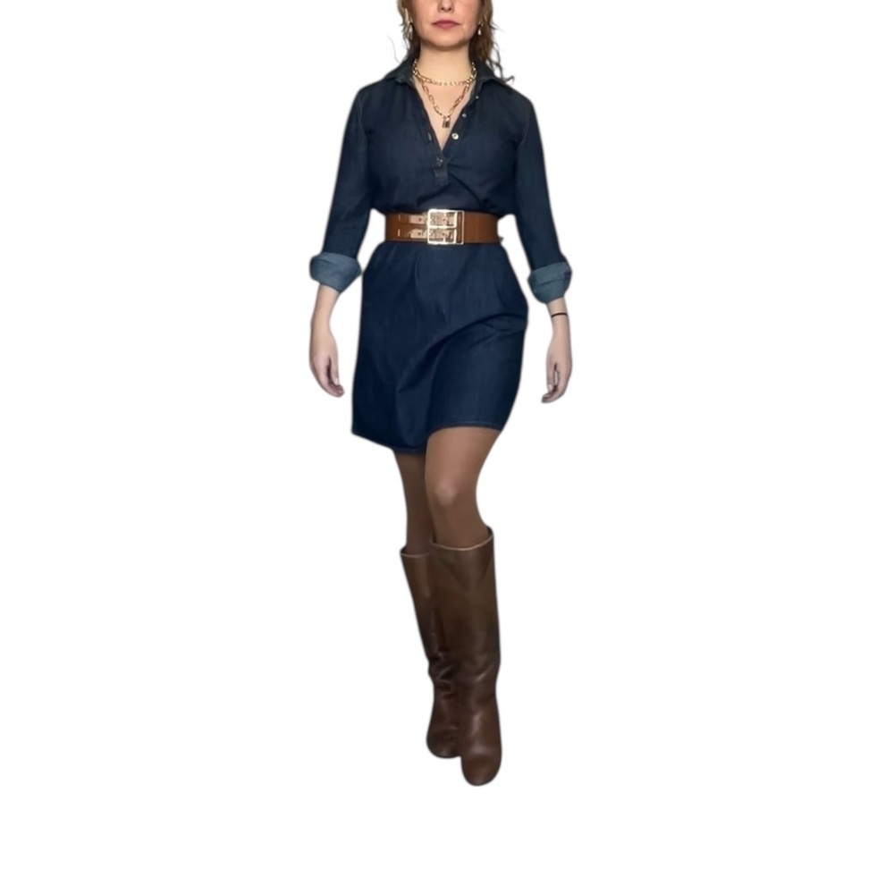 Tommy Hilfiger Dark Denim Shirt Dress -100% Cotton | Gold Button Detail- XS